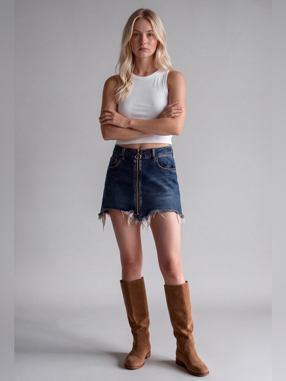 Denim Mini Skirt with Front Zip and Frayed Hem - Dark Blue. Fits like size 4